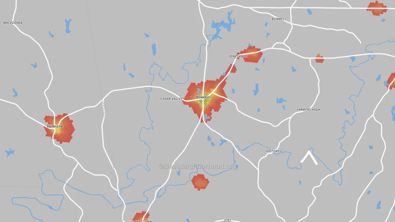 Walk Grade map of Bowdon, GA, walkable areas in green and car-dependent areas in red