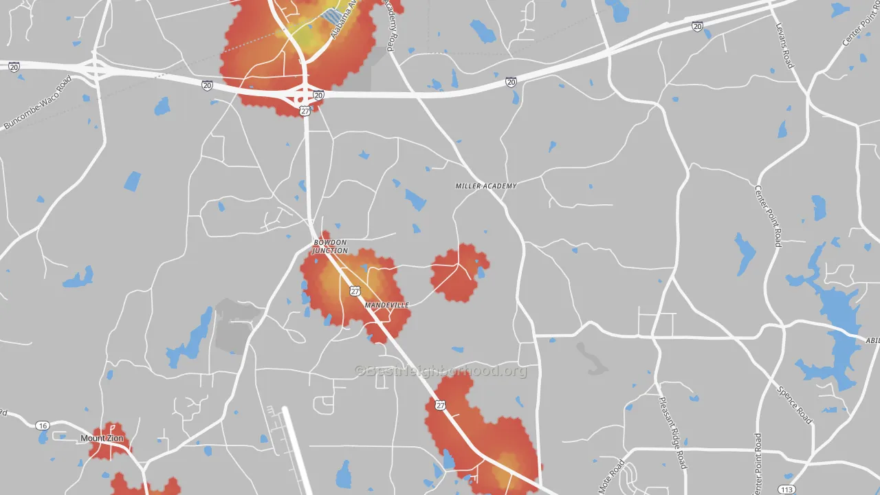 Walk Grade map of Bowdon Junction, GA, walkable areas in green and car-dependent areas in red