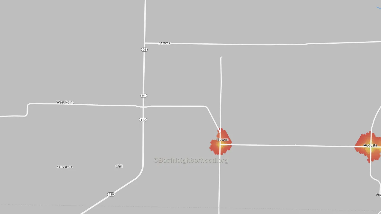 Walk Grade map of Bowen, IL, walkable areas in green and car-dependent areas in red