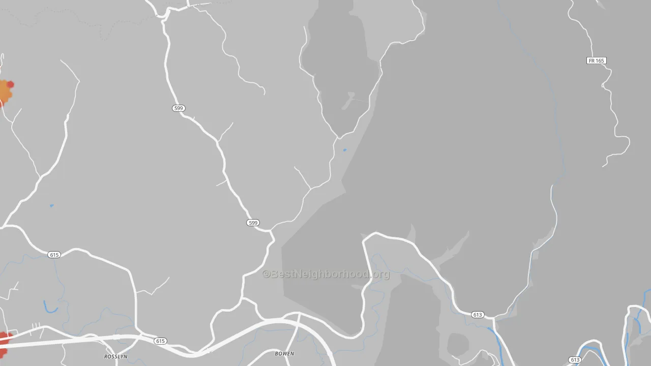 Walk Grade map of Bowen, KY, walkable areas in green and car-dependent areas in red