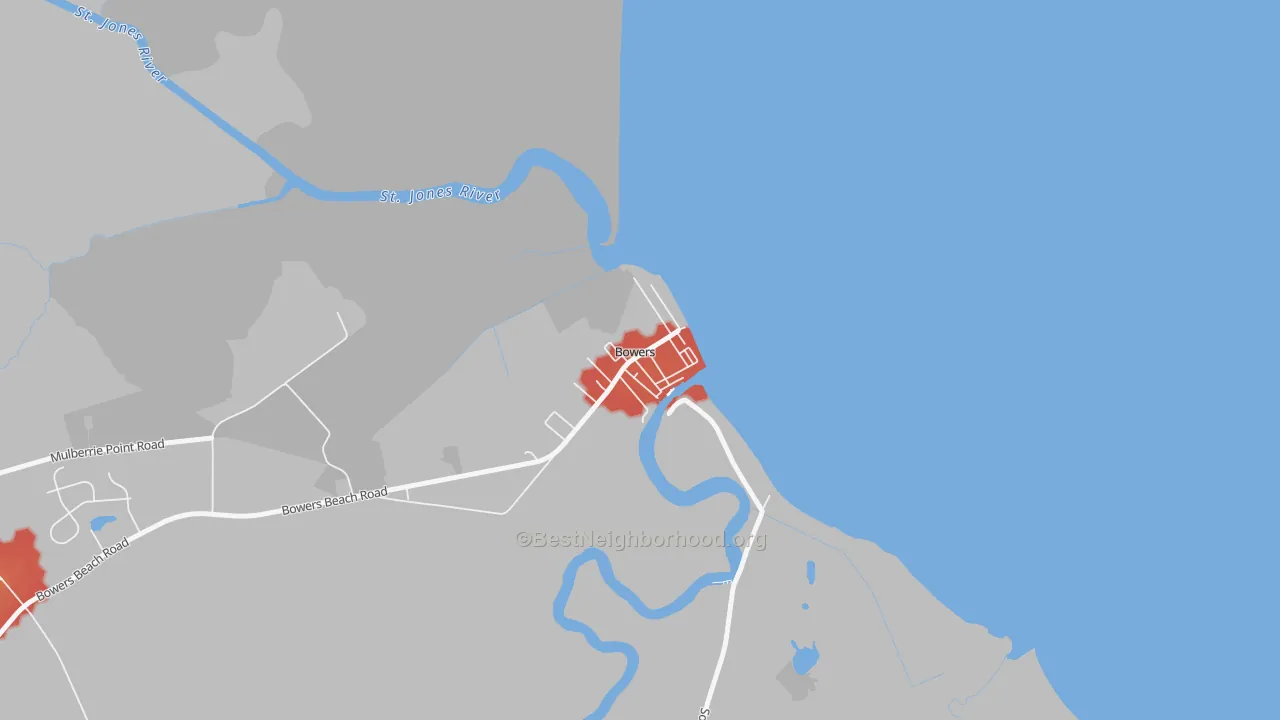 Walk Grade map of Bowers, DE, walkable areas in green and car-dependent areas in red