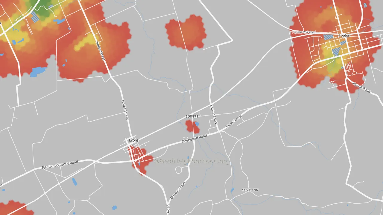 Walk Grade map of Bowers, PA, walkable areas in green and car-dependent areas in red