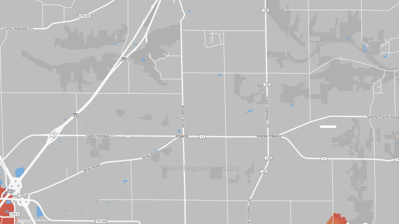 Walk Grade map of Bowers, WI, walkable areas in green and car-dependent areas in red