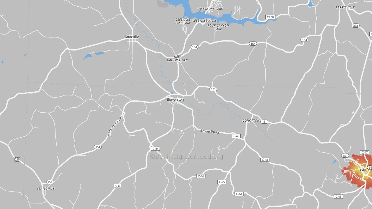 Walk Grade map of Bowerston, OH, walkable areas in green and car-dependent areas in red