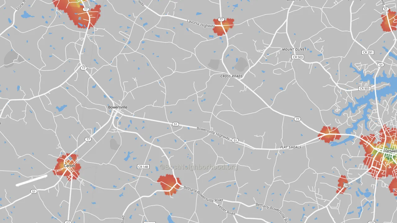 Walk Grade map of Bowersville, GA, walkable areas in green and car-dependent areas in red
