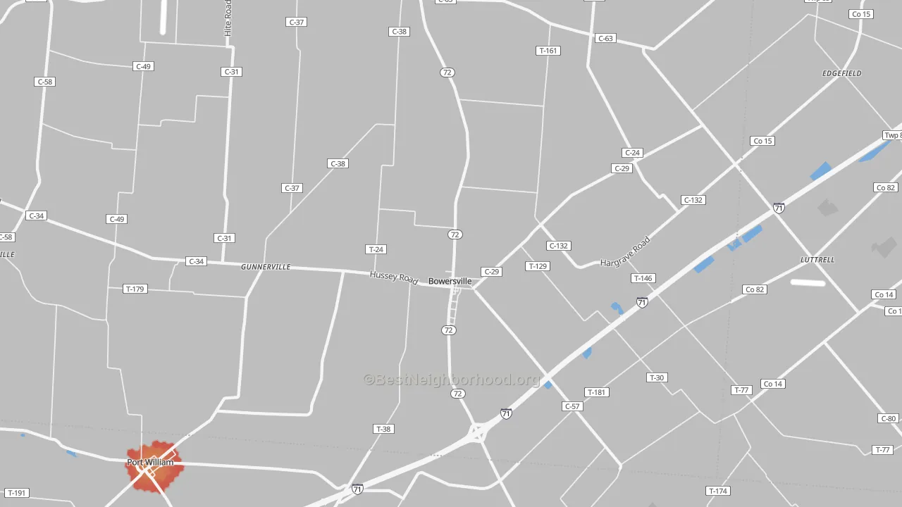 Walk Grade map of Bowersville, OH, walkable areas in green and car-dependent areas in red