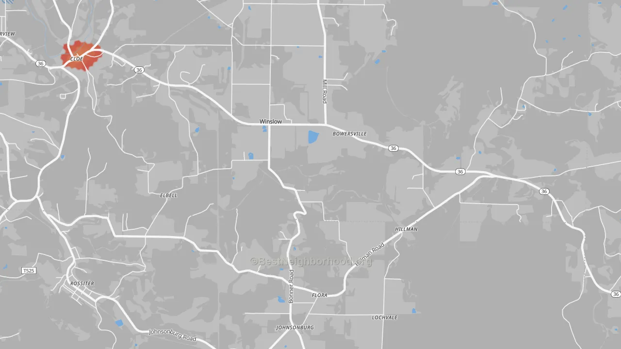 Walk Grade map of Bowersville, PA, walkable areas in green and car-dependent areas in red