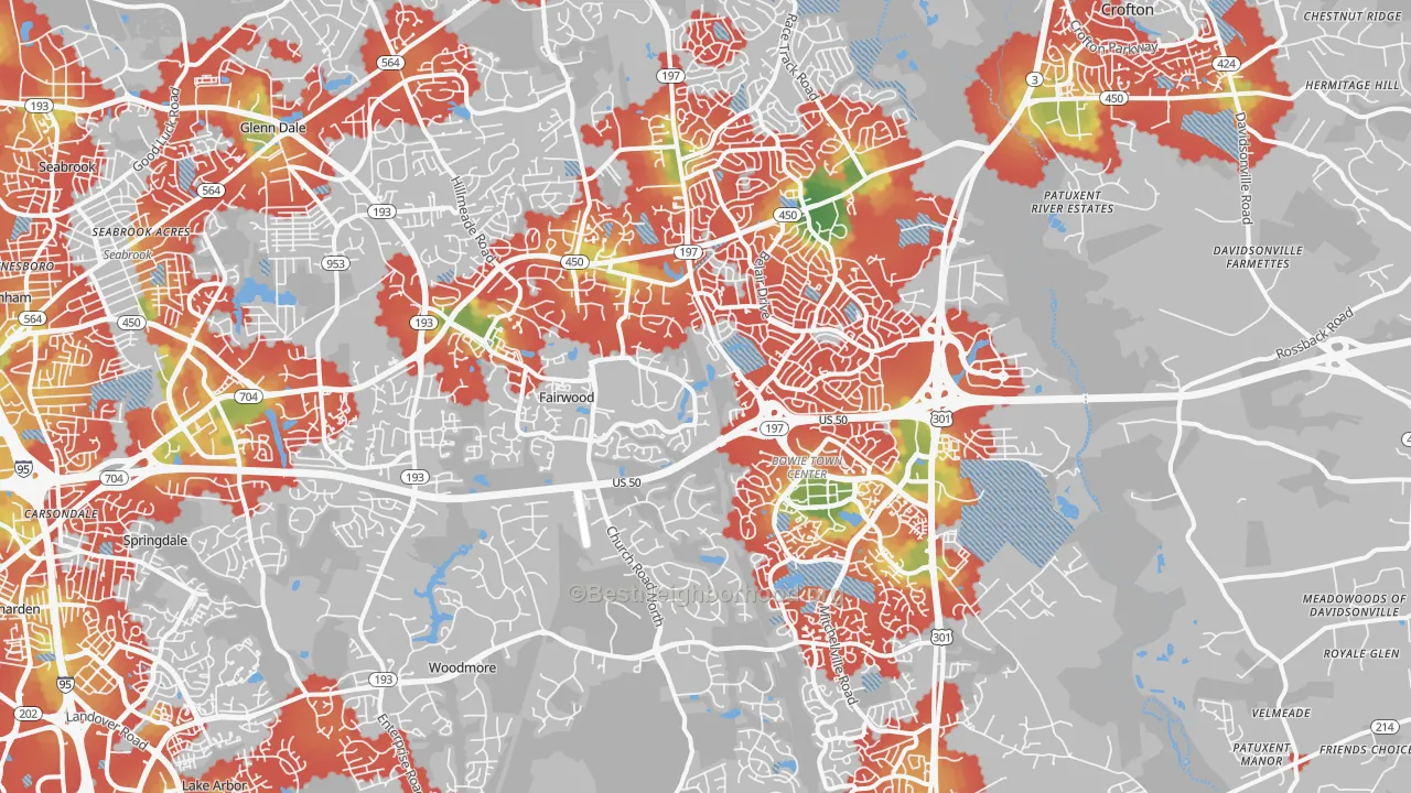 Walk Grade map of Bowie, MD, walkable areas in green and car-dependent areas in red