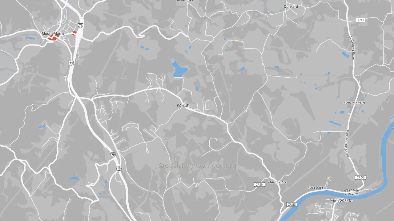 Walk Grade map of Bowlby, WV, walkable areas in green and car-dependent areas in red