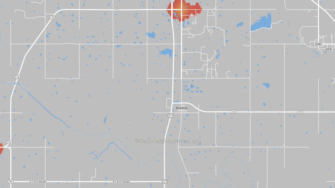 Walk Grade map of Bowlegs, OK, walkable areas in green and car-dependent areas in red