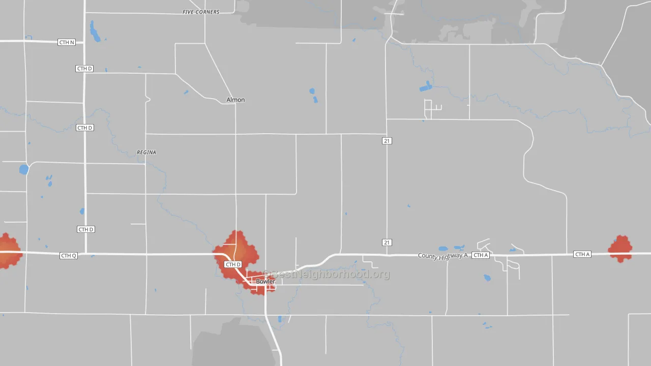 Walk Grade map of Bowler, WI, walkable areas in green and car-dependent areas in red