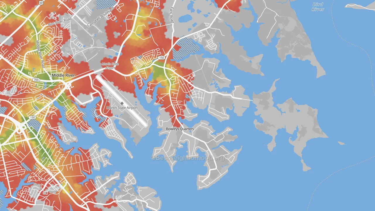 Walk Grade map of Bowleys Quarters, MD, walkable areas in green and car-dependent areas in red