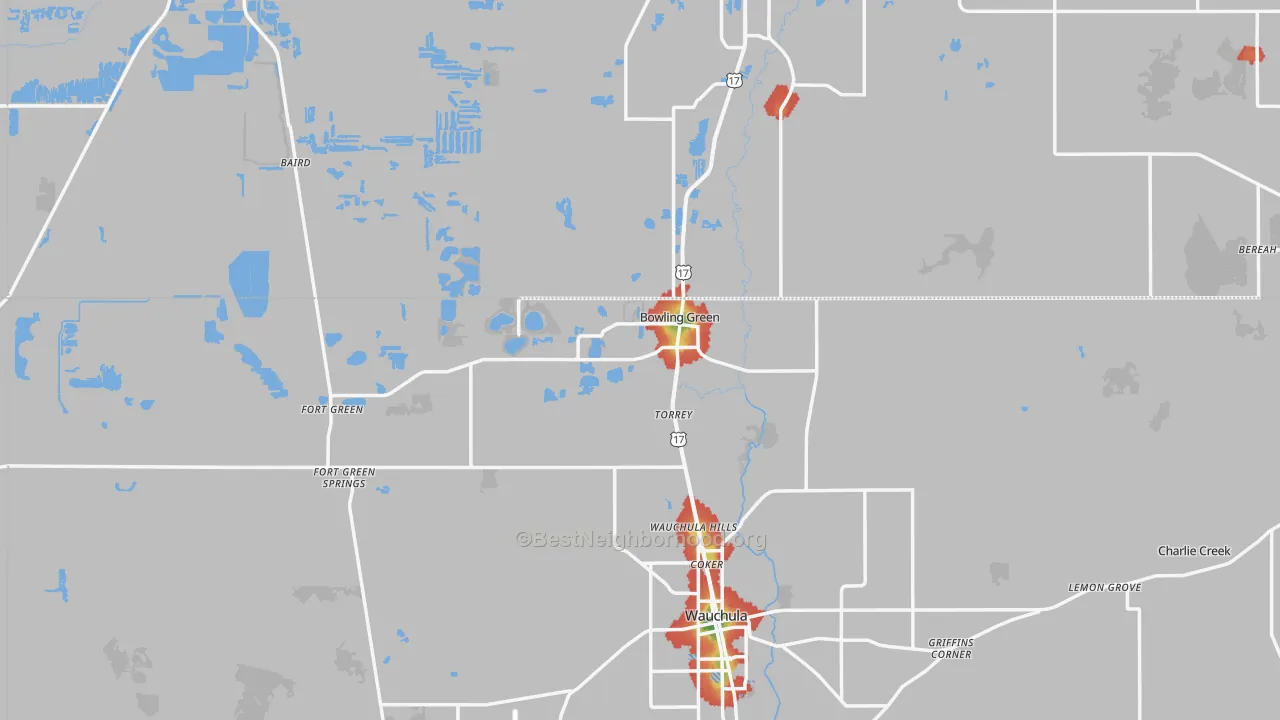 Walk Grade map of Bowling Green, FL, walkable areas in green and car-dependent areas in red