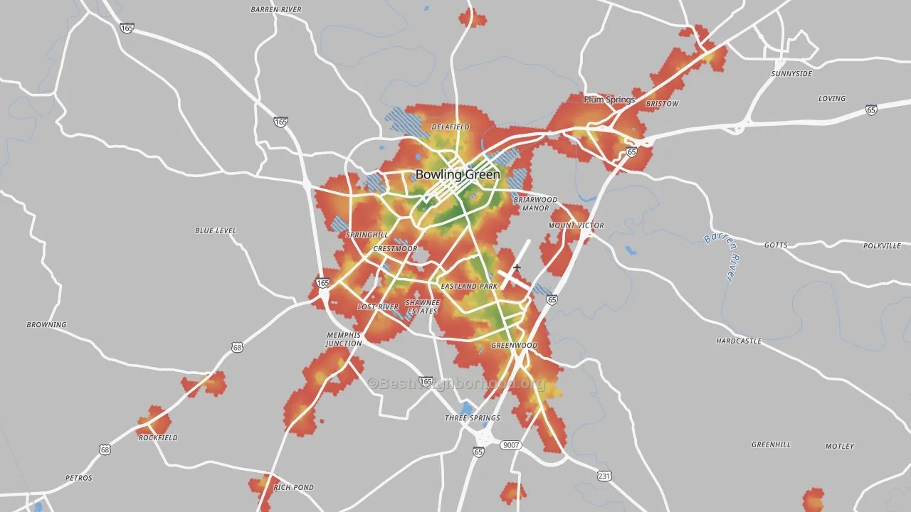 Walk Grade map of Bowling Green, KY, walkable areas in green and car-dependent areas in red