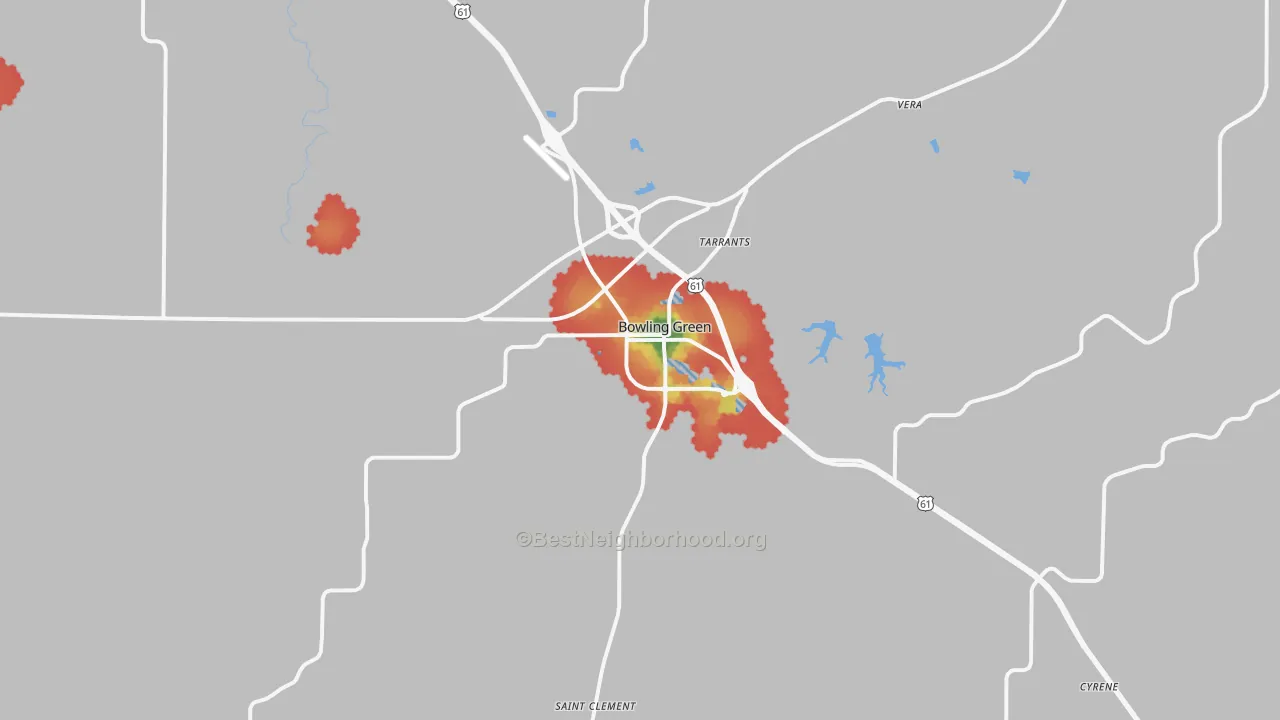Walk Grade map of Bowling Green, MO, walkable areas in green and car-dependent areas in red