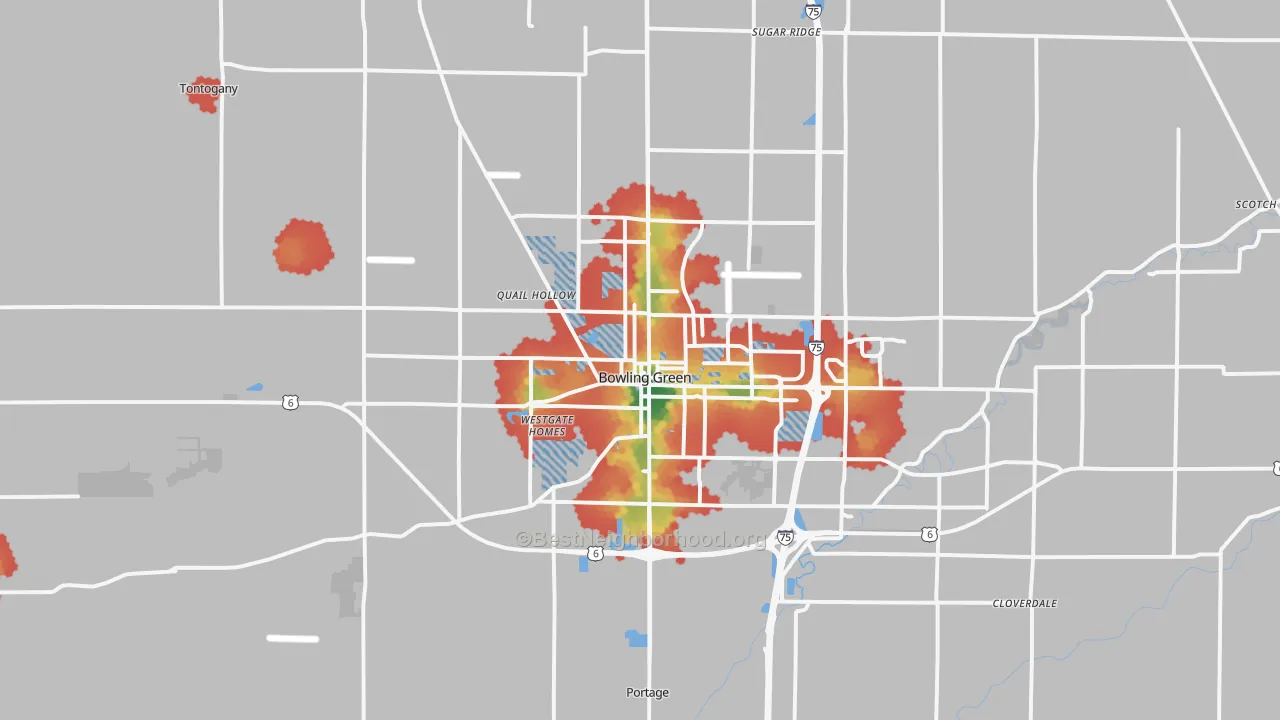 Walk Grade map of Bowling Green, OH, walkable areas in green and car-dependent areas in red