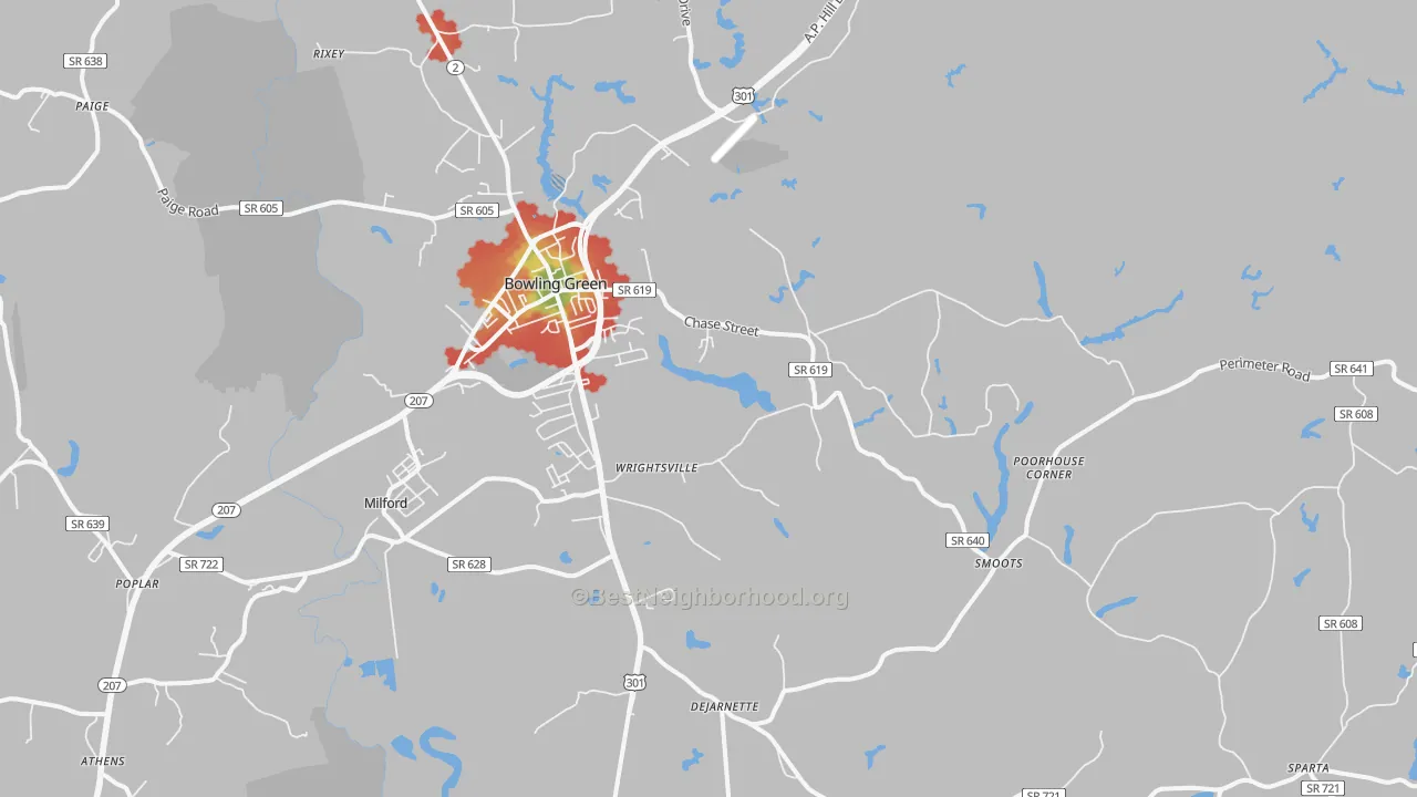 Walk Grade map of Bowling Green, VA, walkable areas in green and car-dependent areas in red