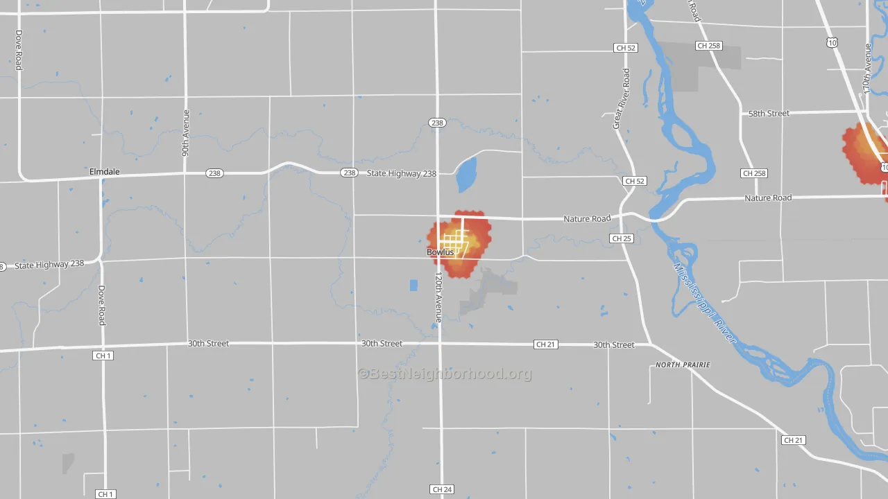 Walk Grade map of Bowlus, MN, walkable areas in green and car-dependent areas in red