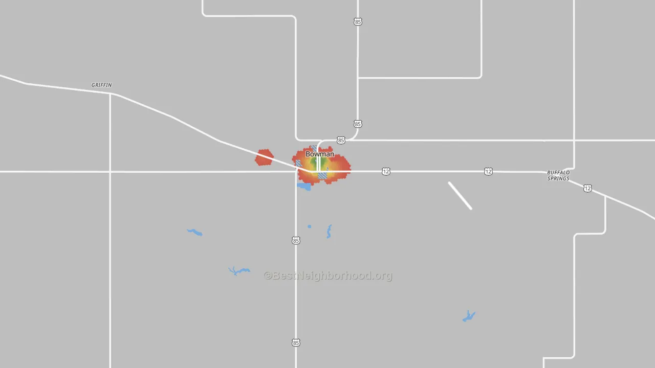 Walk Grade map of Bowman County, ND, walkable areas in green and car-dependent areas in red