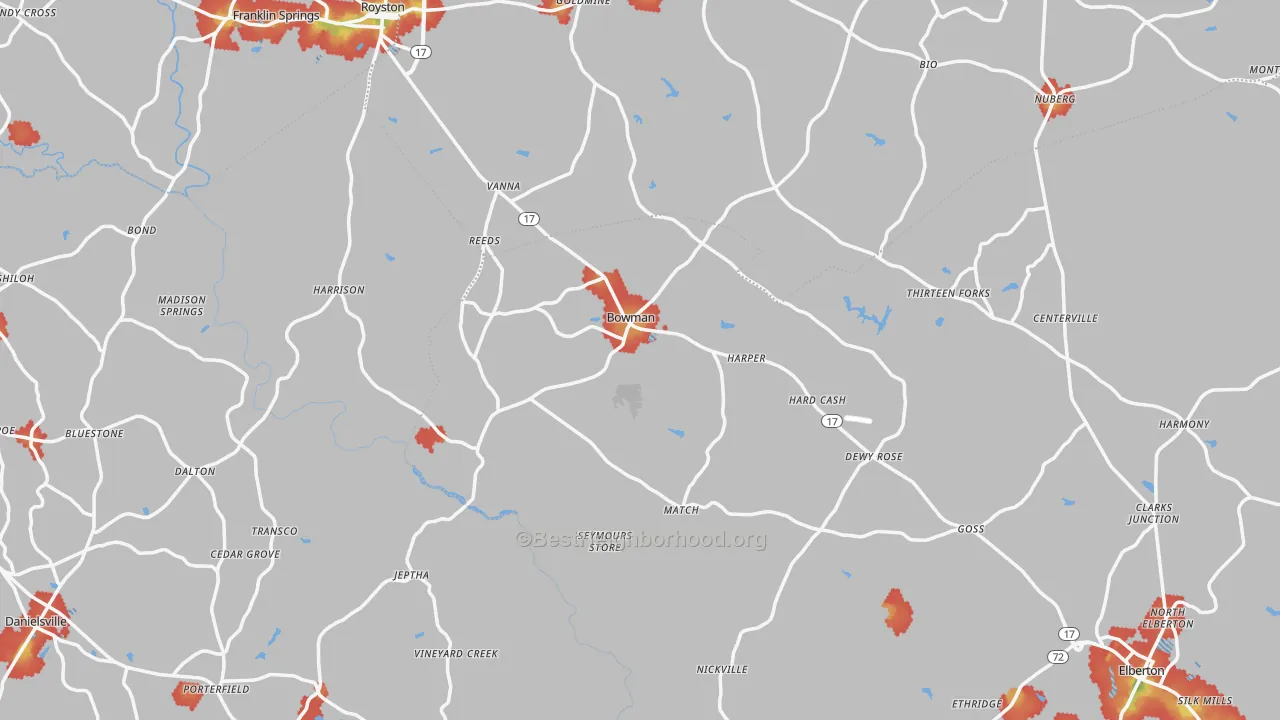 Walk Grade map of Bowman, GA, walkable areas in green and car-dependent areas in red