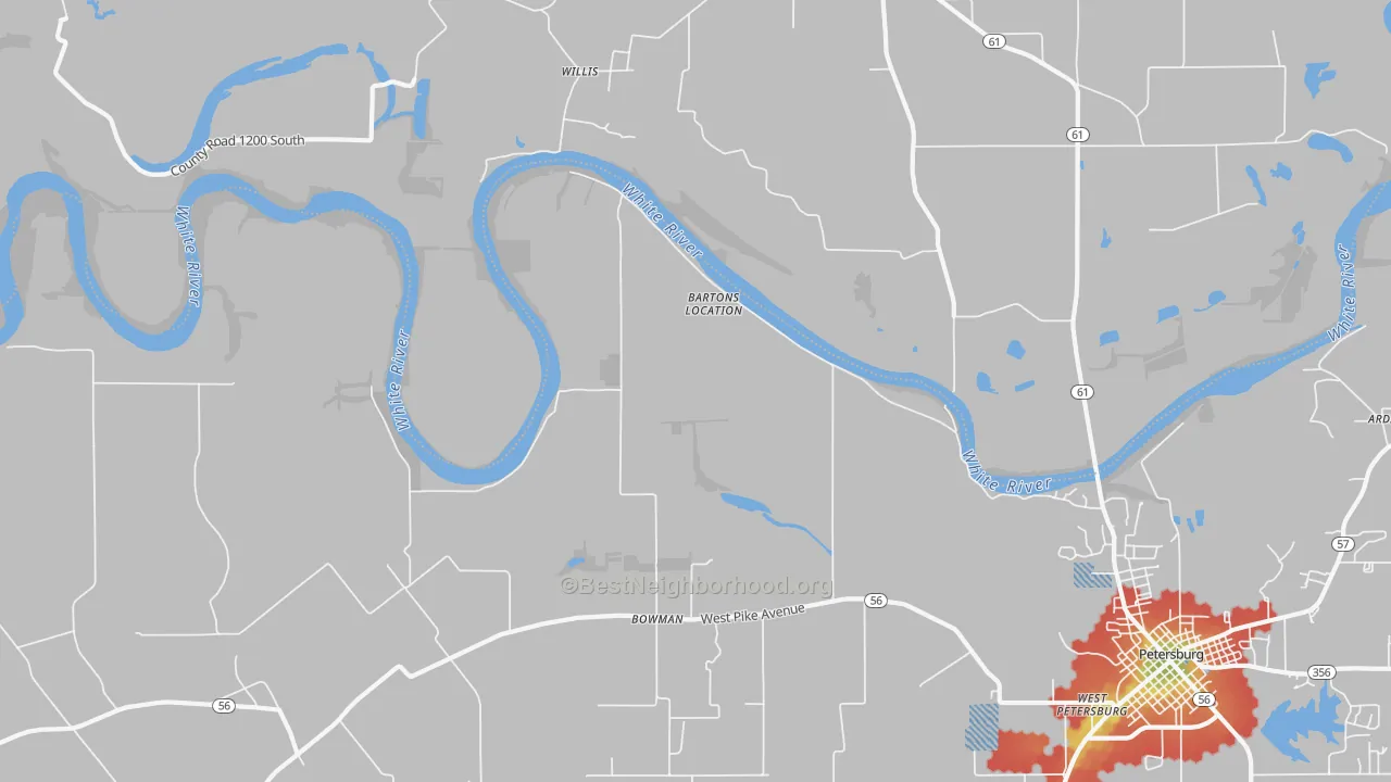 Walk Grade map of Bowman, IN, walkable areas in green and car-dependent areas in red