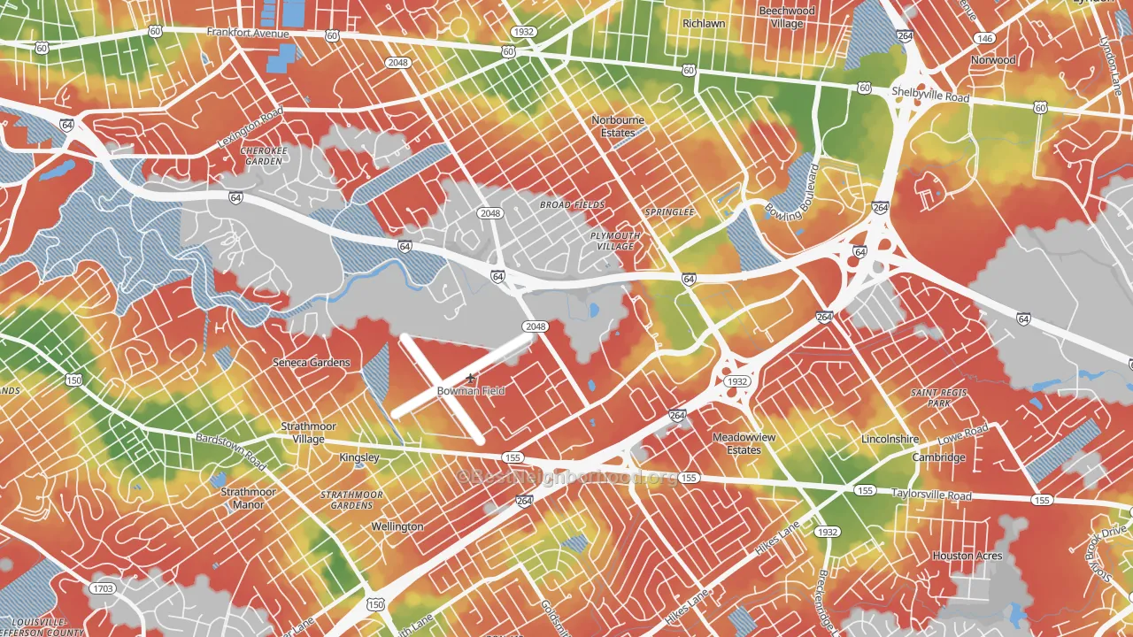 Walk Grade map of Bowman, Louisville, KY, walkable areas in green and car-dependent areas in red