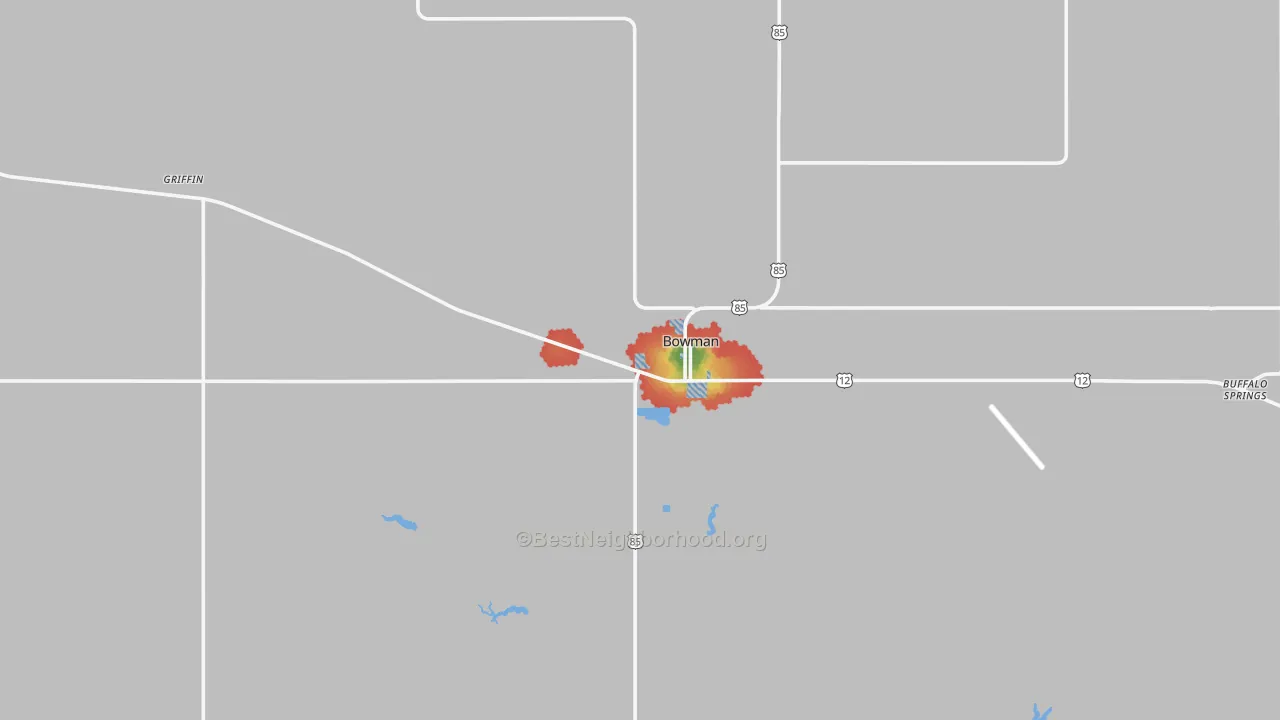 Walk Grade map of Bowman, ND, walkable areas in green and car-dependent areas in red