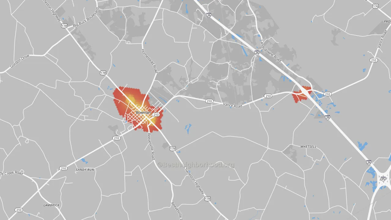 Walk Grade map of Bowman, SC, walkable areas in green and car-dependent areas in red