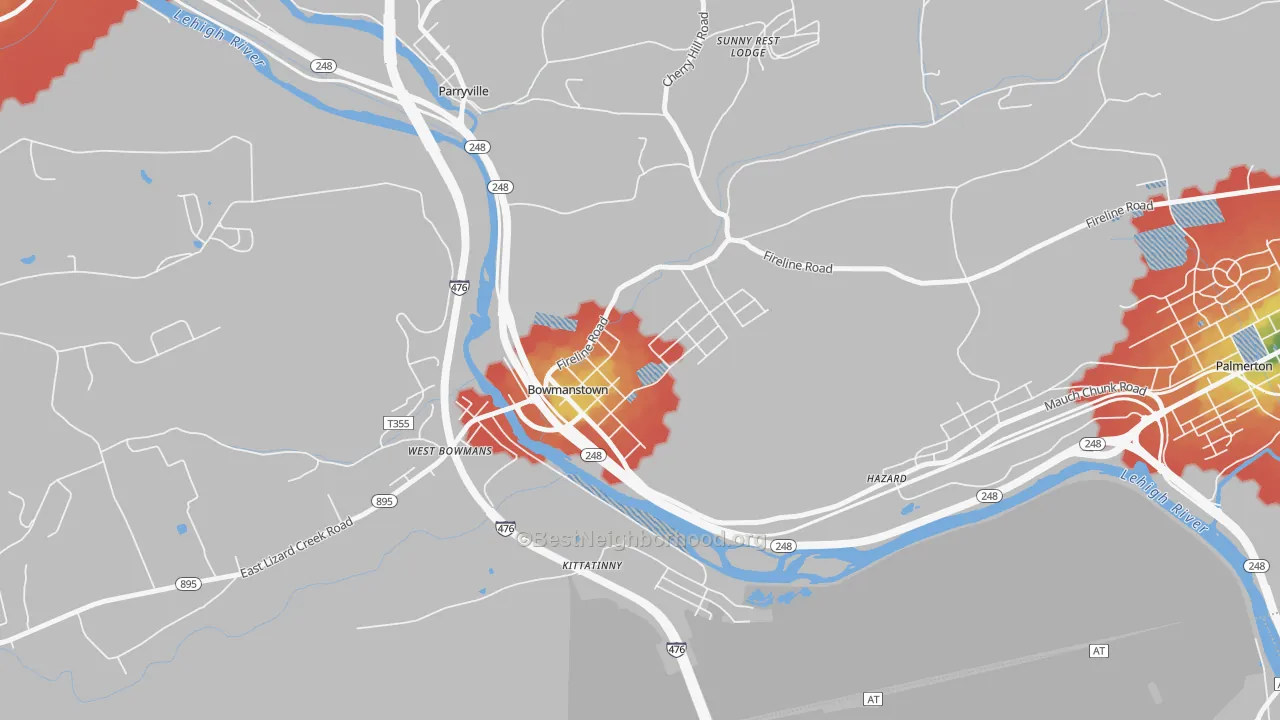 Walk Grade map of Bowmanstown, PA, walkable areas in green and car-dependent areas in red