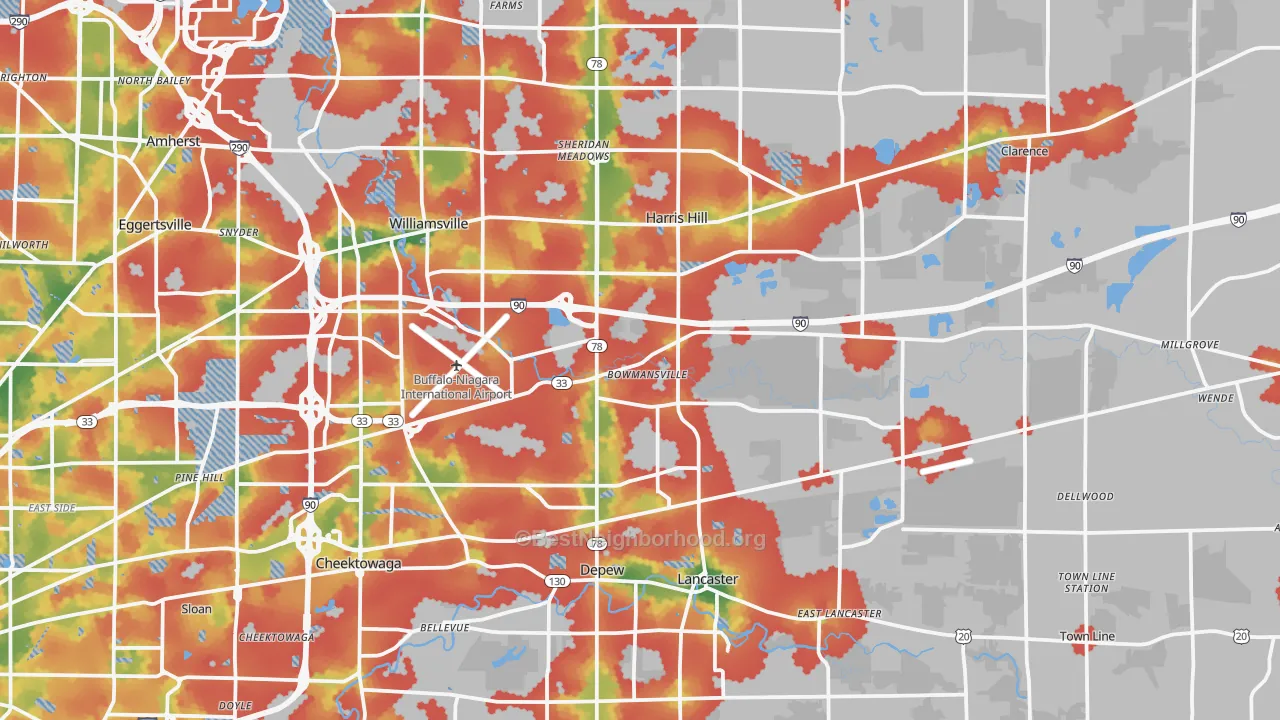 Walk Grade map of Bowmansville, NY, walkable areas in green and car-dependent areas in red