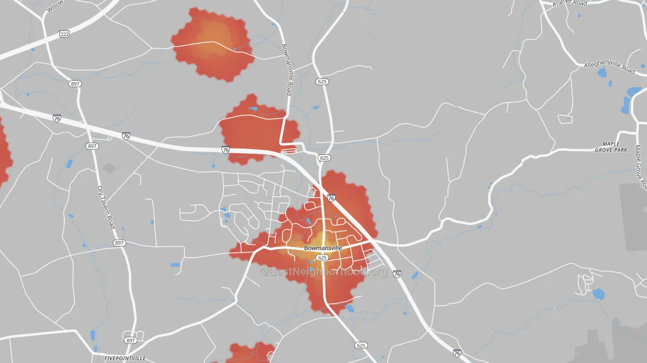 Walk Grade map of Bowmansville, PA, walkable areas in green and car-dependent areas in red