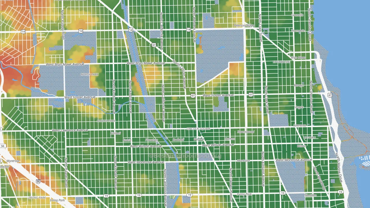 Walk Grade map of Bowmanville, Chicago, IL, walkable areas in green and car-dependent areas in red
