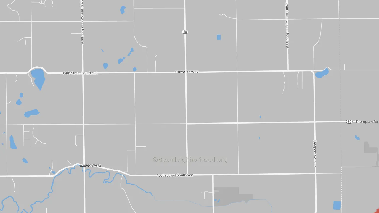 Walk Grade map of Bowne Center, MI, walkable areas in green and car-dependent areas in red