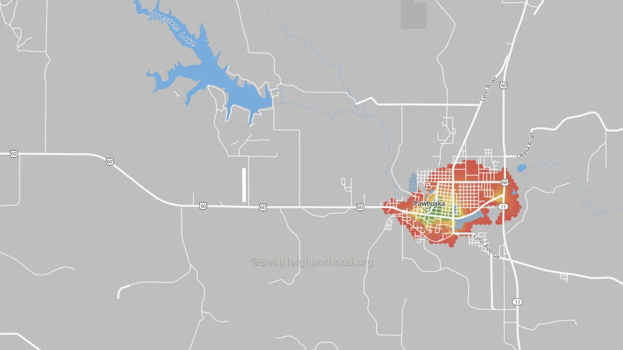 Walk Grade map of Bowring, OK, walkable areas in green and car-dependent areas in red