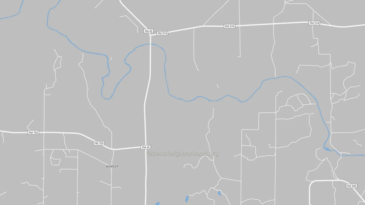 Walk Grade map of Bowser, TX, walkable areas in green and car-dependent areas in red