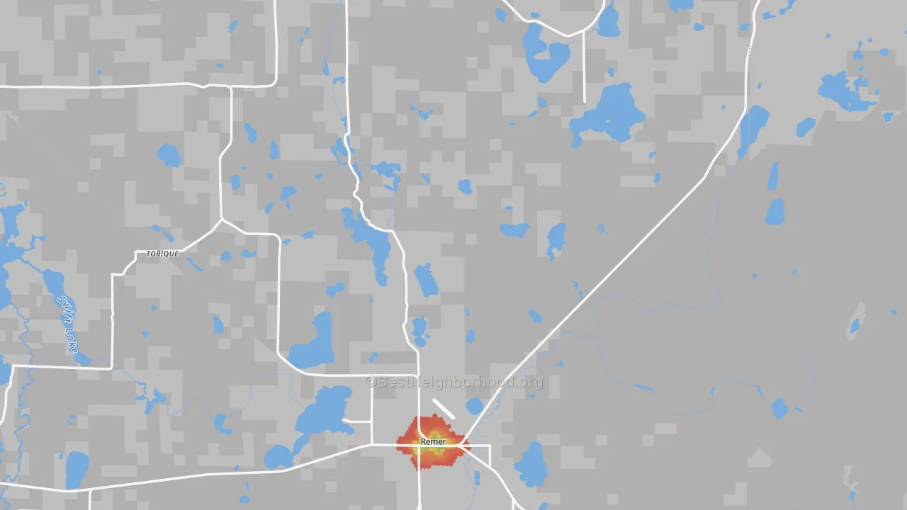 Walk Grade map of Bowstring, MN, walkable areas in green and car-dependent areas in red