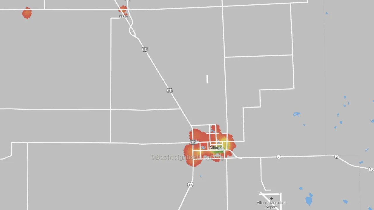 Walk Grade map of Box Butte County, NE, walkable areas in green and car-dependent areas in red
