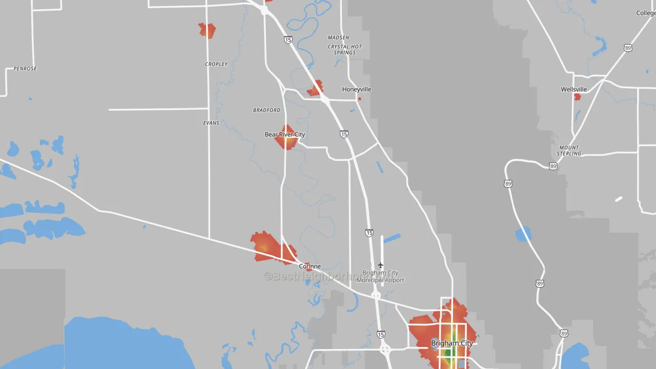 Walk Grade map of Box Elder County, UT, walkable areas in green and car-dependent areas in red