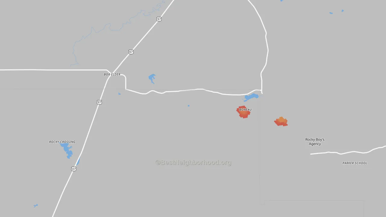 Walk Grade map of Box Elder, MT, walkable areas in green and car-dependent areas in red