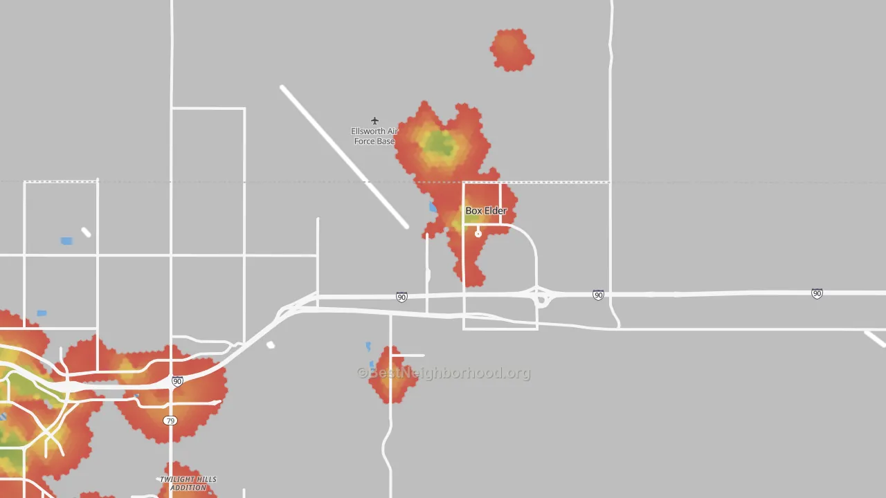 Walk Grade map of Box Elder, SD, walkable areas in green and car-dependent areas in red