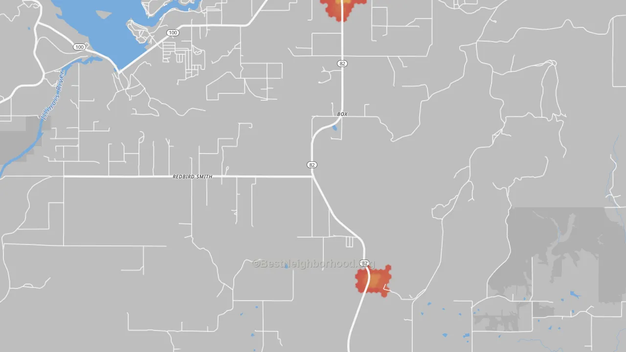 Walk Grade map of Box, OK, walkable areas in green and car-dependent areas in red