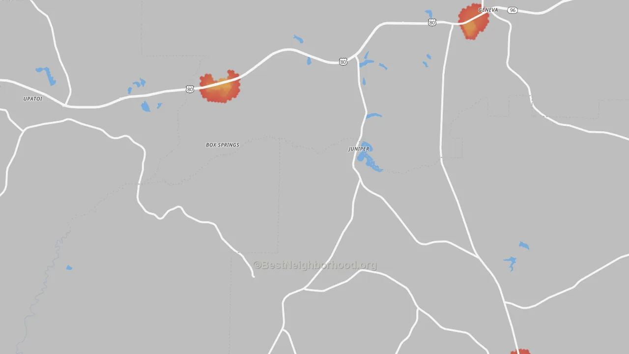 Walk Grade map of Box Springs, GA, walkable areas in green and car-dependent areas in red