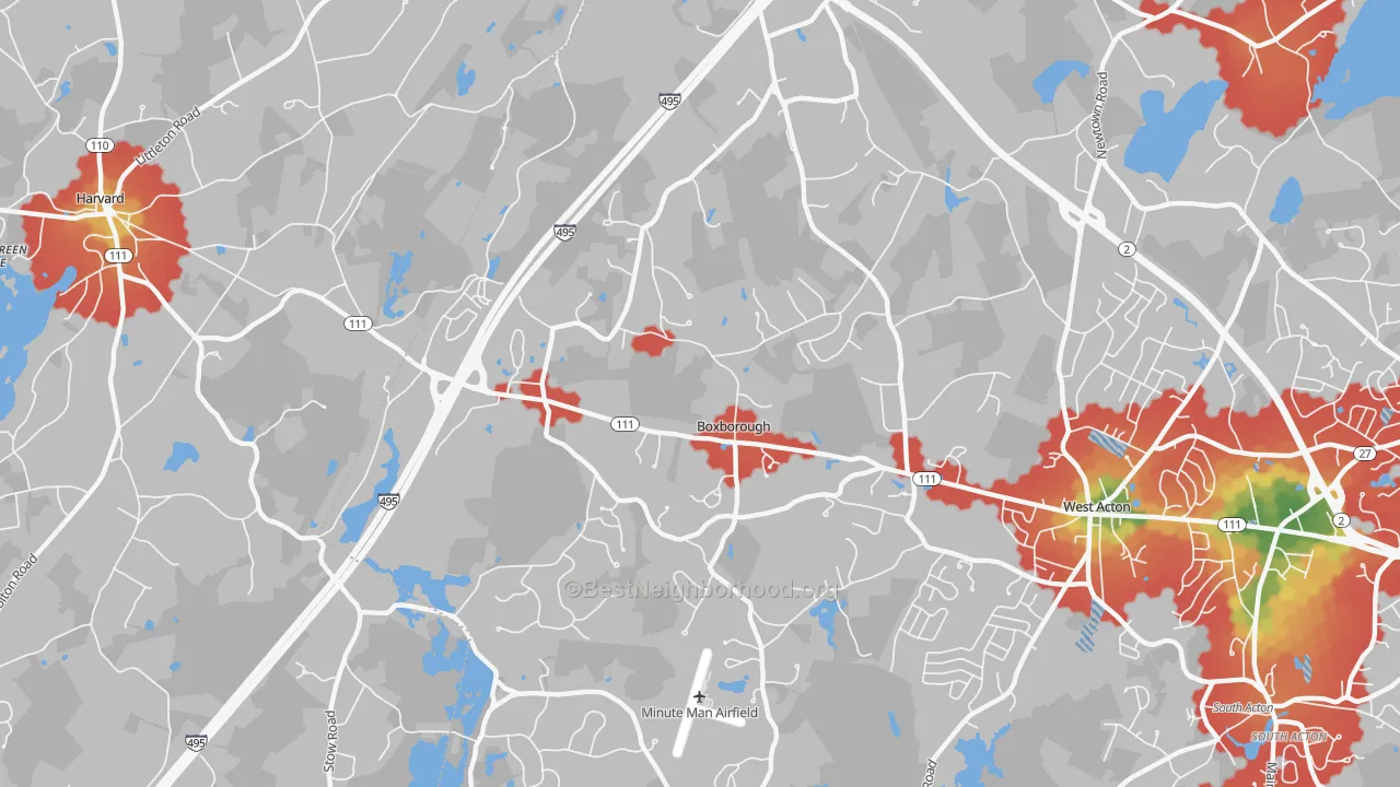 Walk Grade map of Boxborough, MA, walkable areas in green and car-dependent areas in red