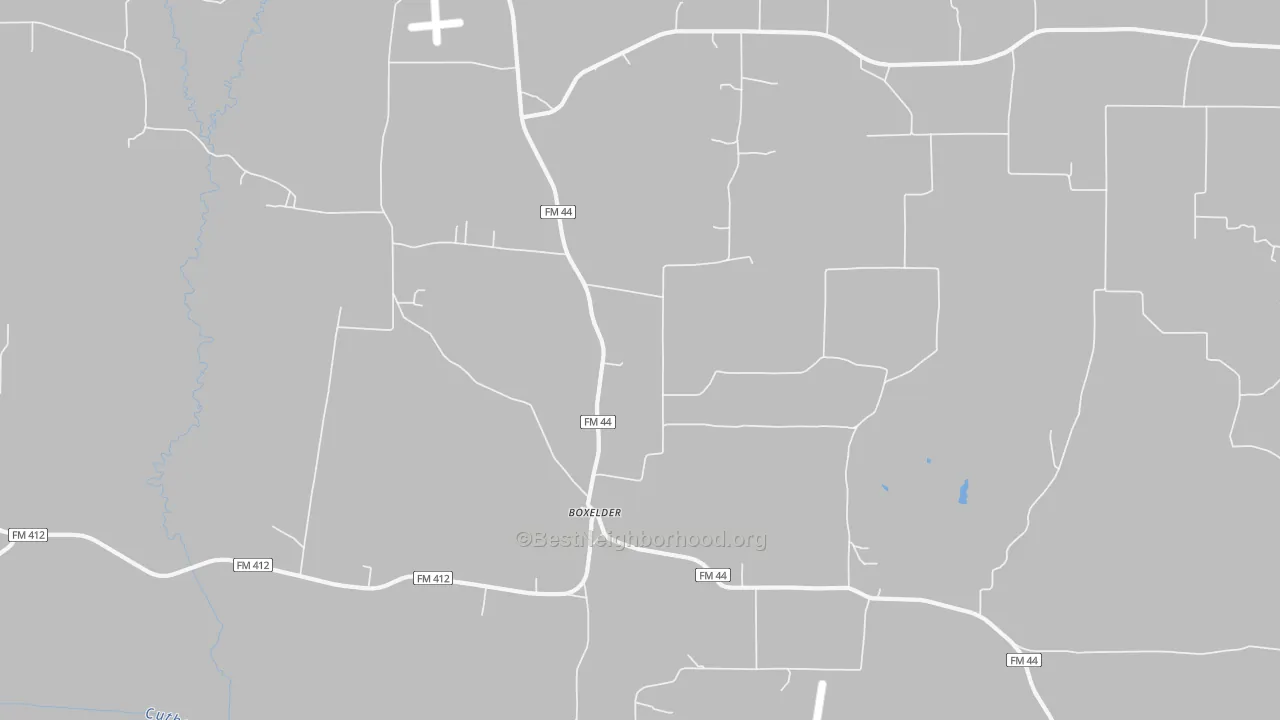 Walk Grade map of Boxelder, TX, walkable areas in green and car-dependent areas in red