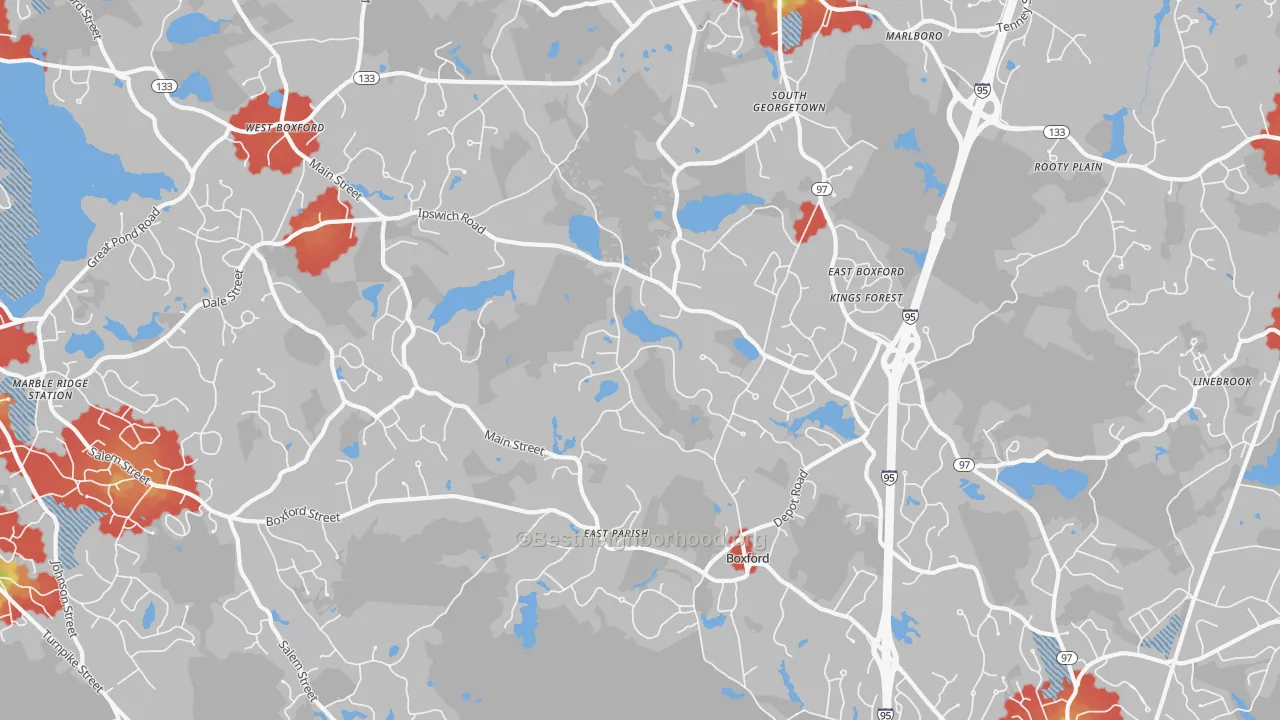 Walk Grade map of Boxford, MA, walkable areas in green and car-dependent areas in red