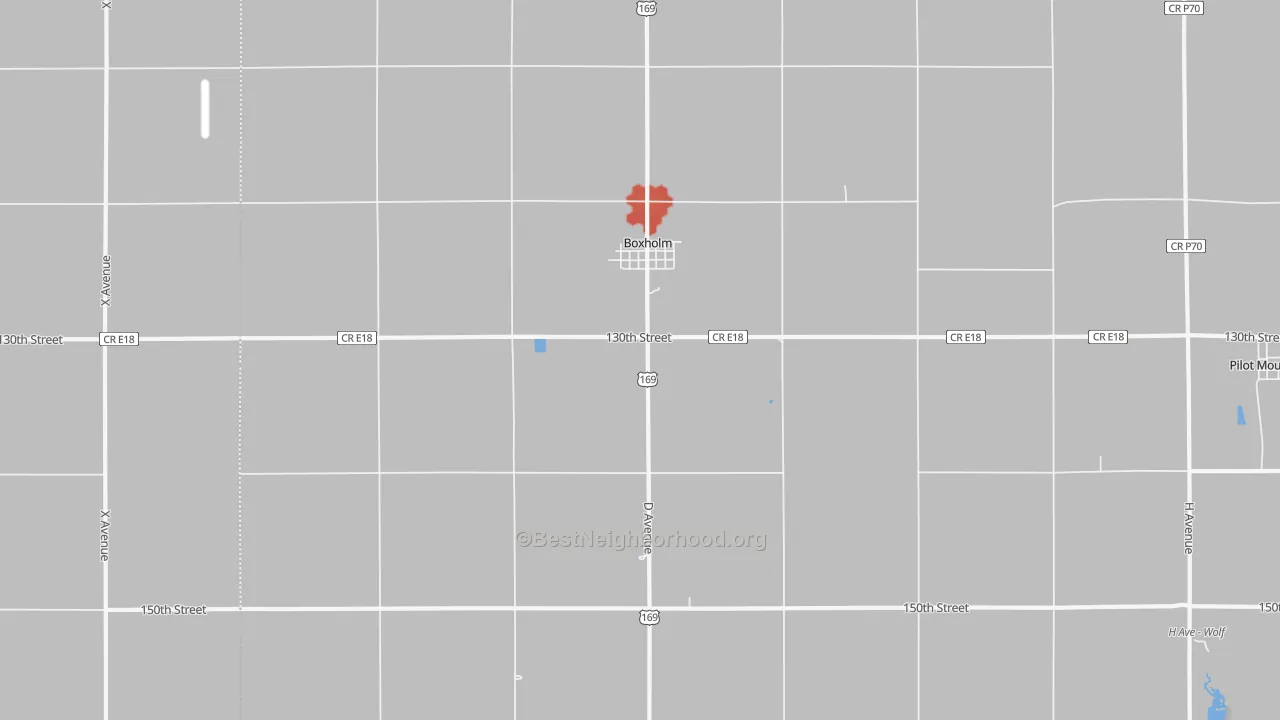Walk Grade map of Boxholm, IA, walkable areas in green and car-dependent areas in red