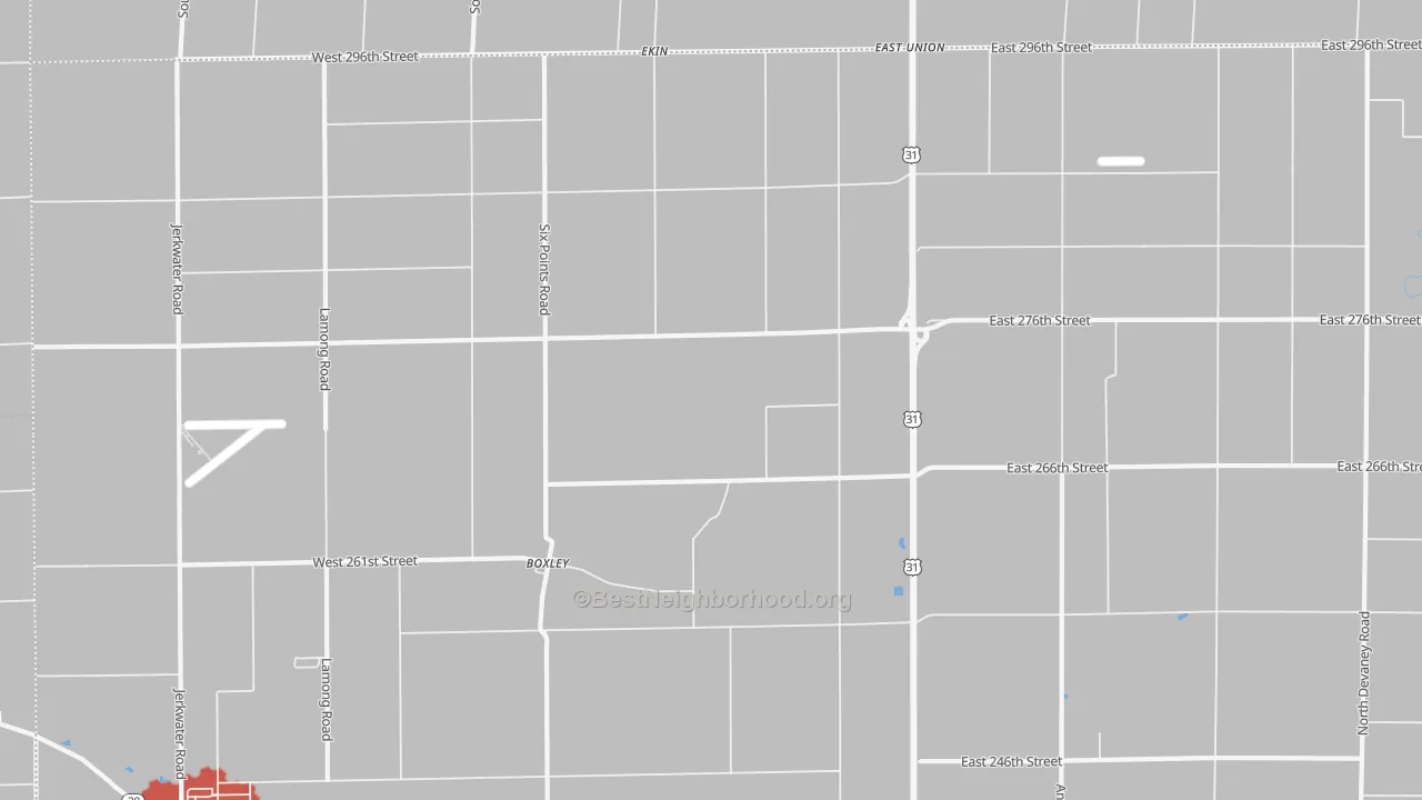 Walk Grade map of Boxley, IN, walkable areas in green and car-dependent areas in red