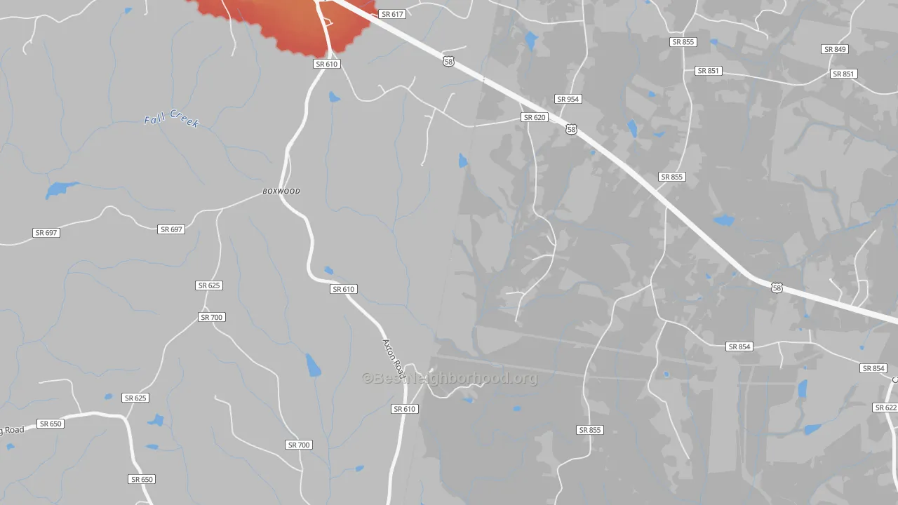 Walk Grade map of Boxwood, VA, walkable areas in green and car-dependent areas in red