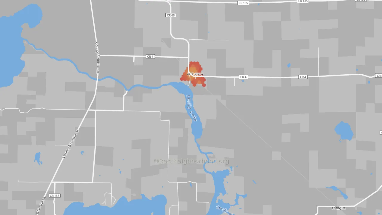 Walk Grade map of Boy River, MN, walkable areas in green and car-dependent areas in red