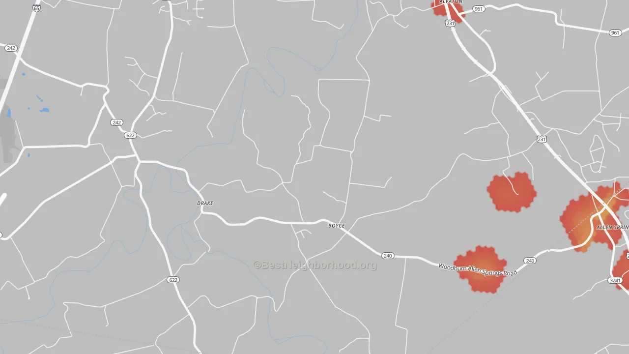 Walk Grade map of Boyce, KY, walkable areas in green and car-dependent areas in red